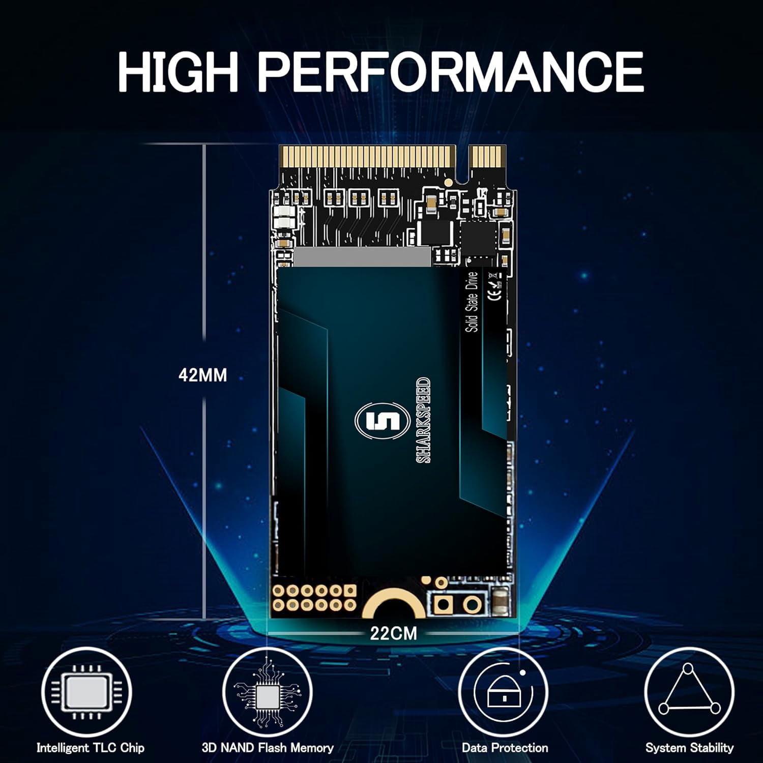 SSD 512GB M.2 2242 NVMe SHARKSPEED PCIe Gen3.0x4 42mm 3D NAND Internal Solid State Drive for Laptop Desktop Ultrabook