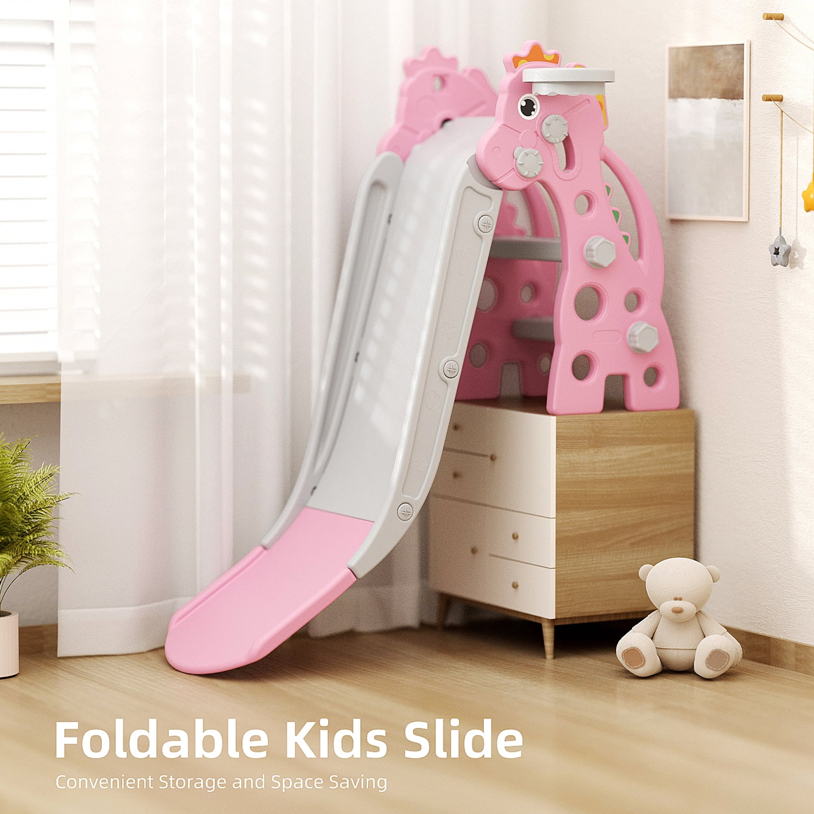 KORIMEFA Toddler Slide Indoor Slide for Toddlers Age 1-3 Kids Indoor Outdoor Slide Baby Plastic Play Slide with Basketball Hoop and Ball Foldable Slide, Pink