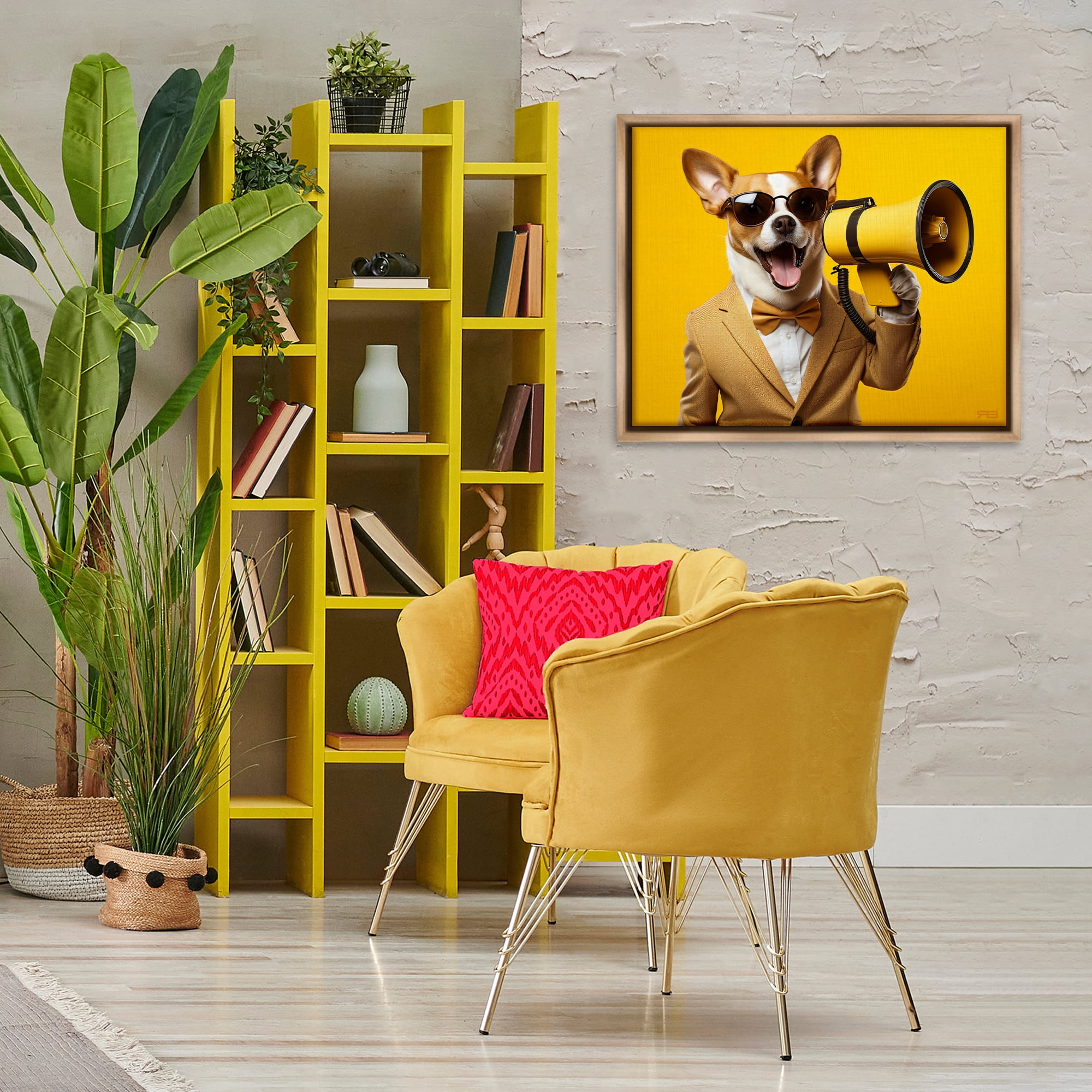 Stupell Industries Dog with Yellow Megaphone Animals & Insects Painting Brown Floater Framed Canvas Art Print Wall Art, 31 x 25