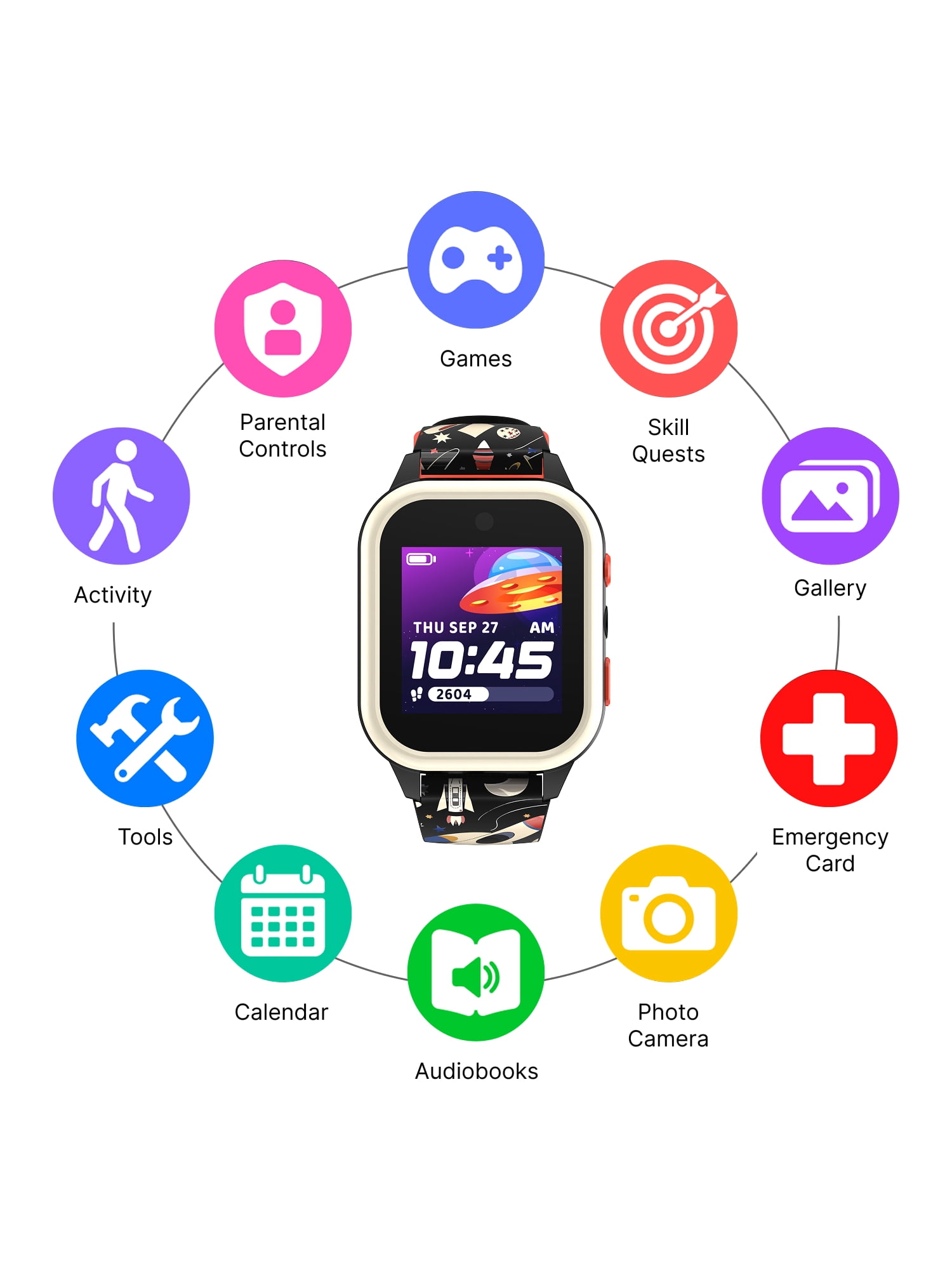 iTech Jr. 4 Kids Boys' Smartwatch with Camera, Audiobooks, and Games – Gray Case with Black Space Pattern Strap