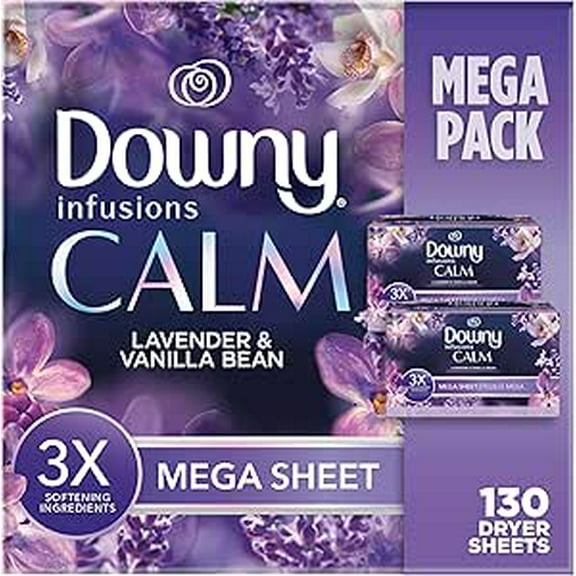 Downy Infusions Mega Dryer Sheets, Laundry Fabric Softener, CALM, Lavender and Vanilla Bean, 130 Count--Packaging May Vary