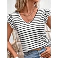 thumbnail image 4 of Women's Summer Fly Sleeves Tops Stripe Print V-Neck Back Tie Bow Loose T-Shirt Streetwear, 4 of 9