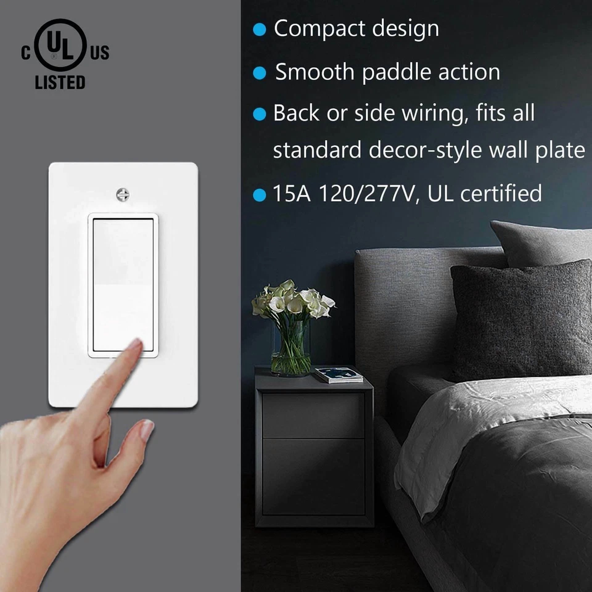 2 Pack Electrical Home On/Off Rocker Paddle Wall Light Switch Single Pole White