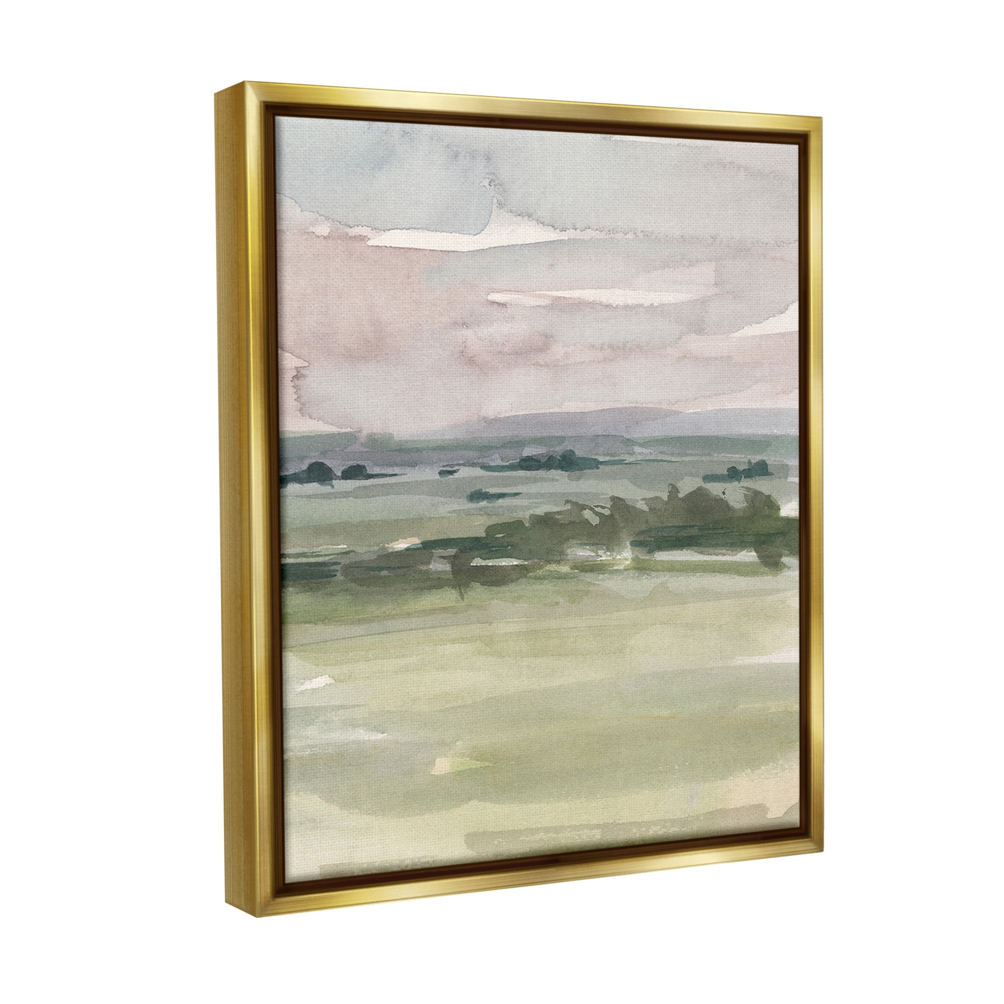 Stupell Industries Rural Watercolor Landscape Landscape Painting Gold Floater Framed Canvas Art Print Wall Art, 17 x 21
