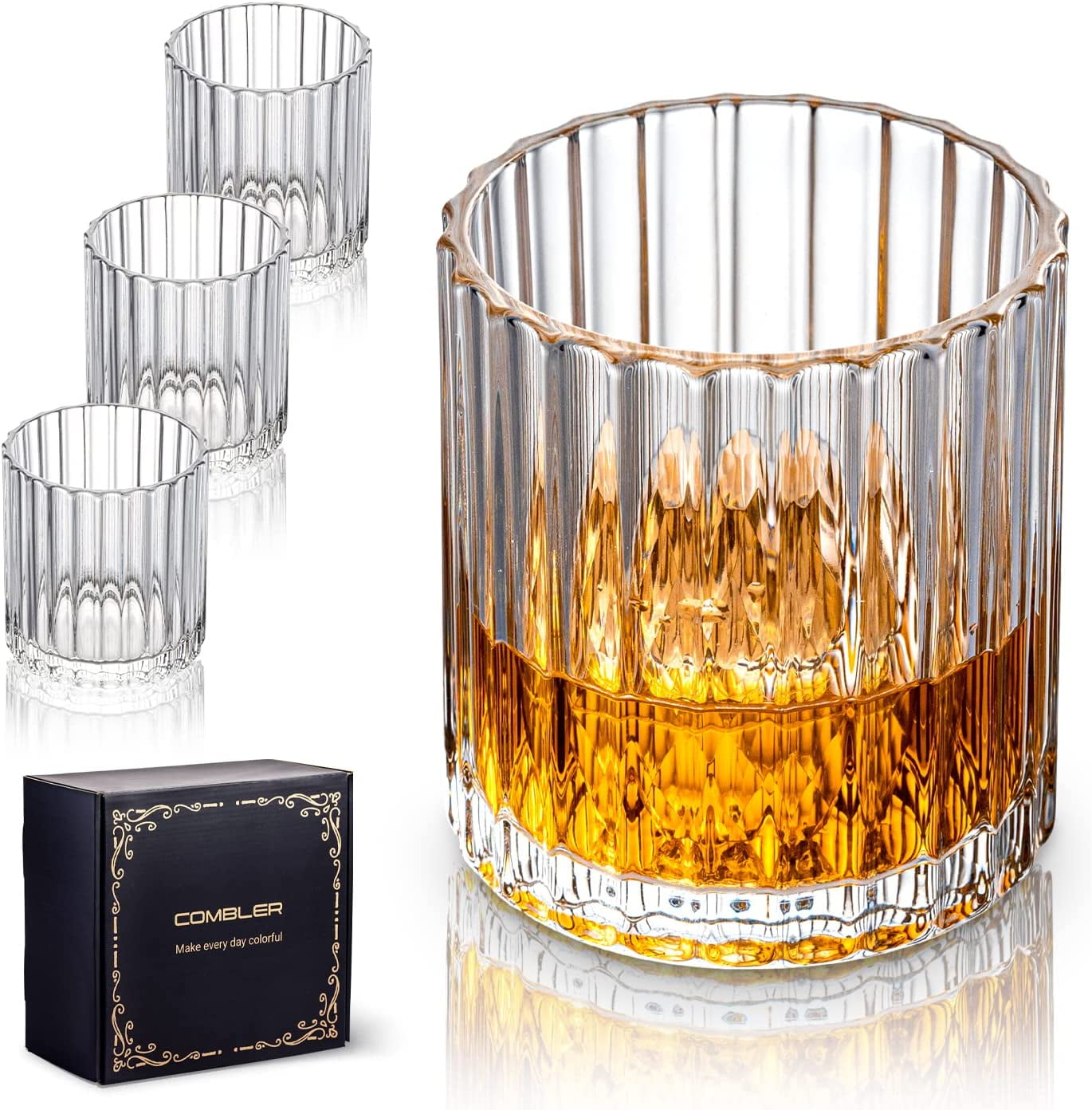 Combler Cocktail Glasses, Rocks Whiskey Glasses, 9oz Drinking Glasses Set  of 4, Ribbed Glassware Sets, Small Cute Glass Coffee Cups for Coffee Bar  Accessories, Birthday Gifts for Men Women