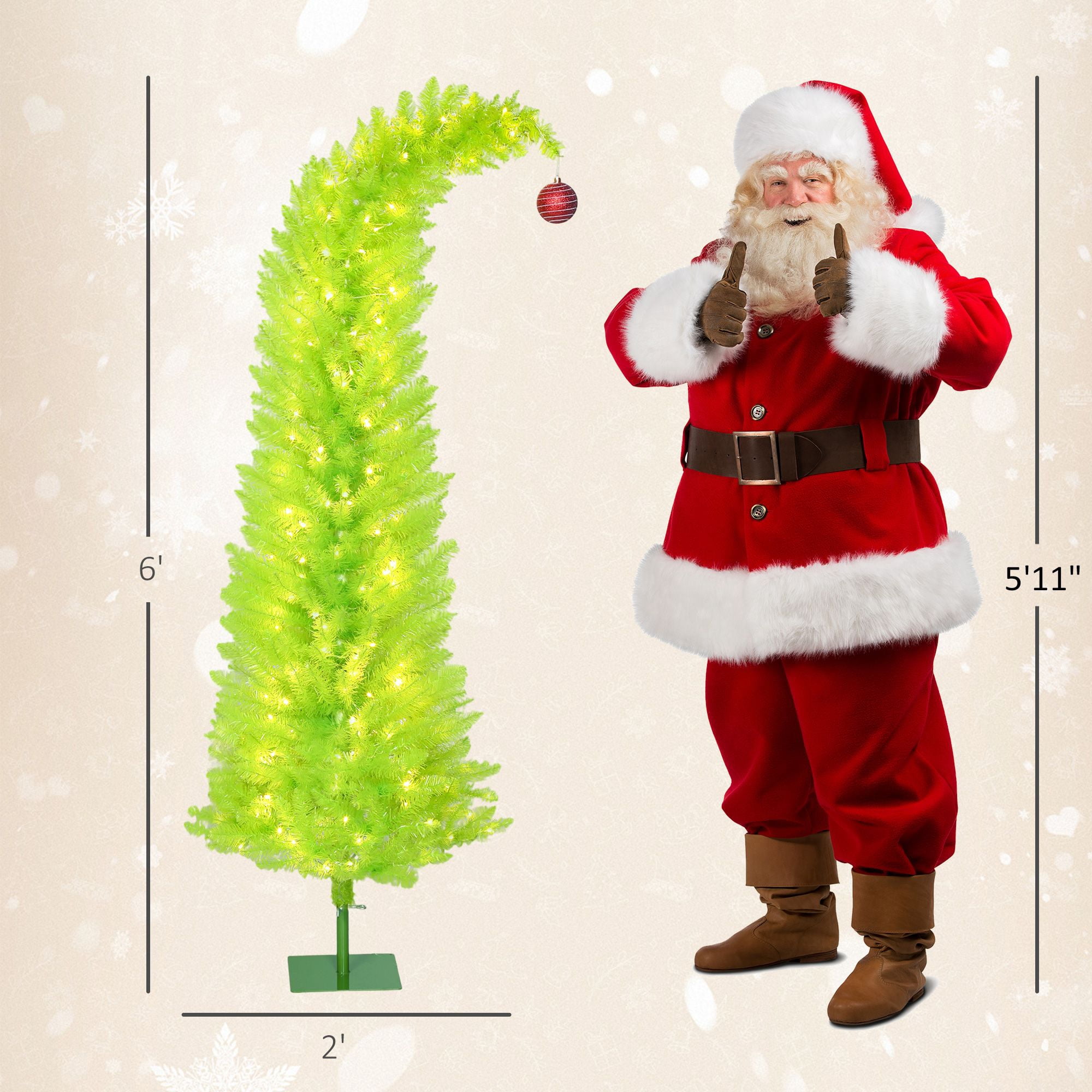 6 ft Prelit Pencil Christmas Tree with Bent Top, Red Ball Ornament, 230 Warm White LED Lights, 555 Tips, Metal Base, Indoor Holiday Decor for Small Spaces