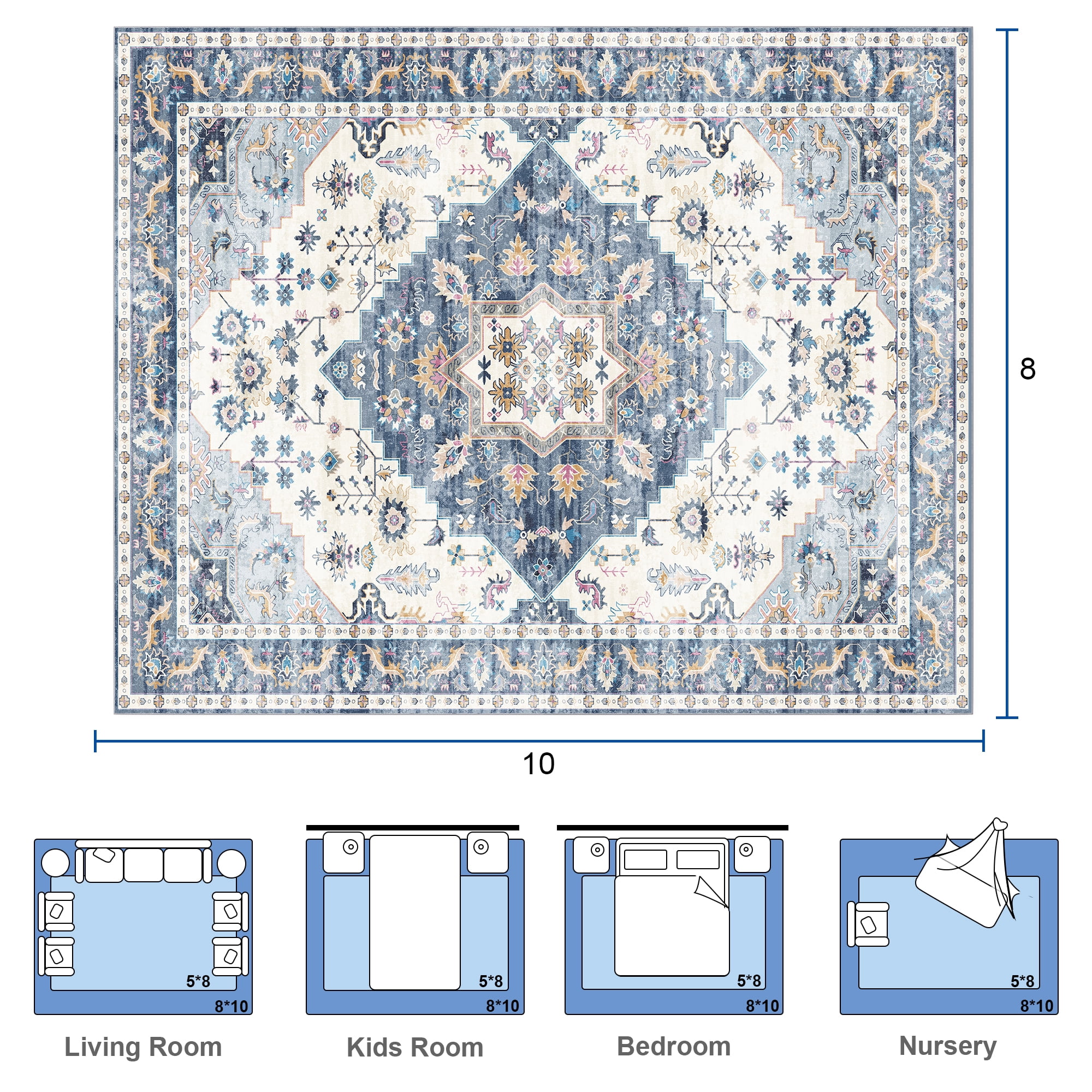 Nefoso 8ft x 10ft Vintage Area Rugs, Washable Area Rugs for Living Room Bedroom Kitchen Home Decor, Non-Slip Carpet, Blue & Beige