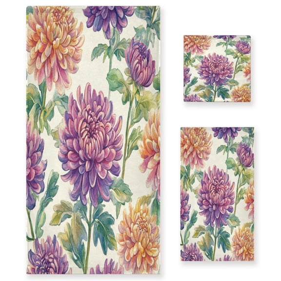 Three-Piece Towel Set Face Towel Towel Set Hand Towel Bath Towel Cotton Bath Towels Bath Towel Sets Hand Bath Towels Purple Chrysanthemums