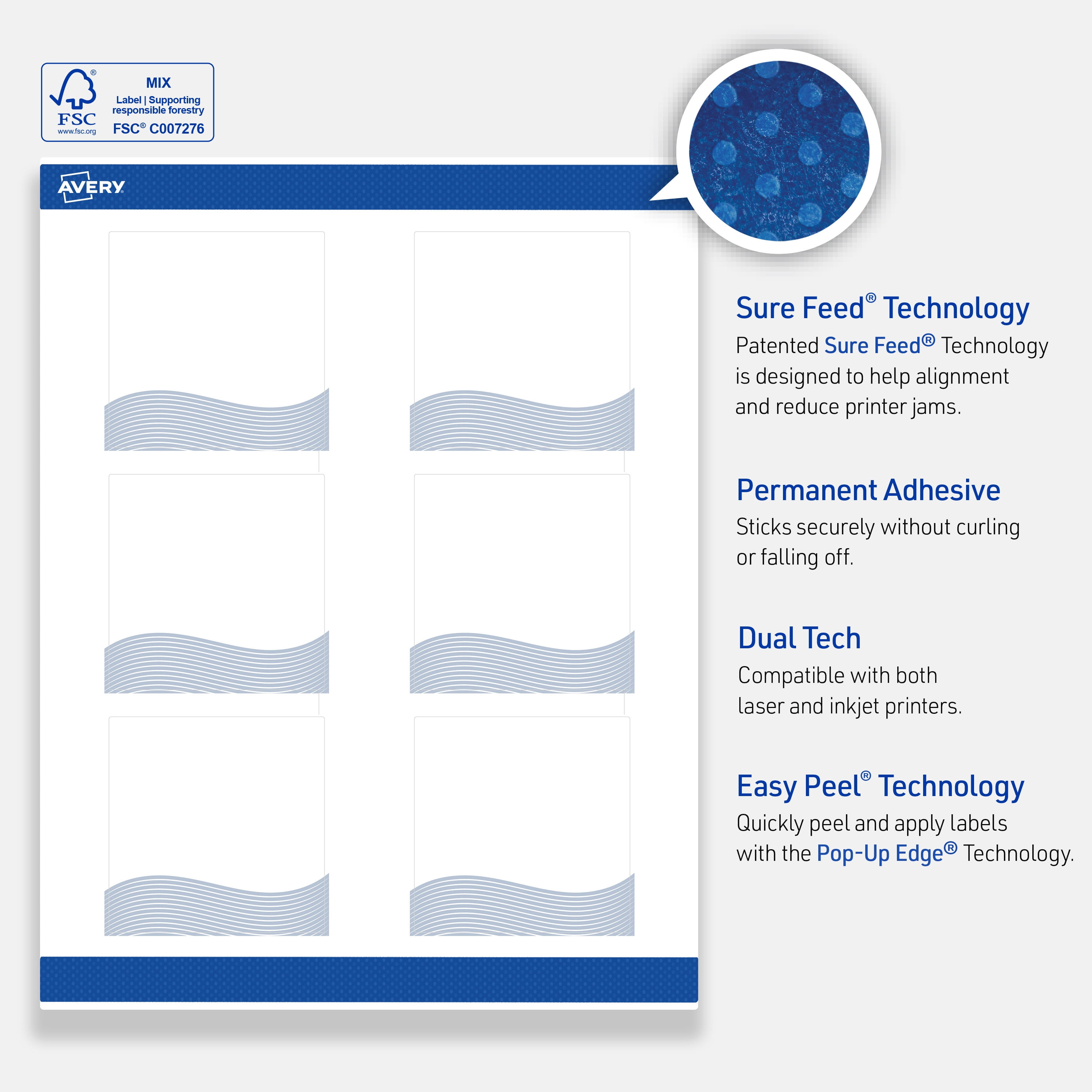 Avery Labels, 3" x 3", Matte White, Blue Waves Design