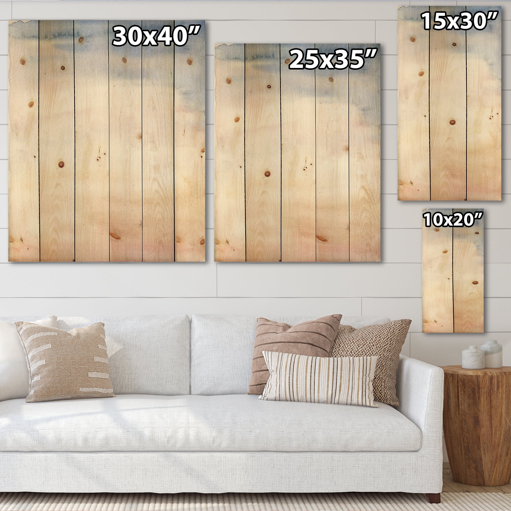 Designart 'Pastel Abstract With Pink Dark Blue and Beige Spots' Modern Print on Natural Pine Wood