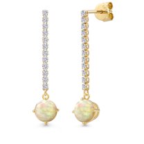 Gem Stone King 14K Yellow Gold White Ethiopian Opal and Lab Grown Diamond Dangle Earrings for Women | 1.48 Cttw | Gemstone October Birthstone | Round Cabochon 6MM