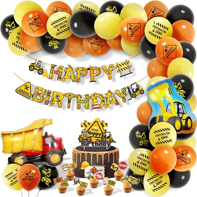 kit decorativo con globos para cumpleaños construcción con guirnalda "Happy Birthday", arco y ramillete de globos naranja, amarillo y negro, toppers y cartelitos de señal de obra para pastel y cupcakes, figura inflable de retroexcavadora y volqueta, disposición frontal para mesa de fiesta.