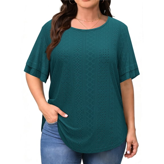 WellSize Plus Size Tops for Women Eyelet Crew Neck Tunic Blouses Casual Summer Ruffled Short Sleeve Shirts