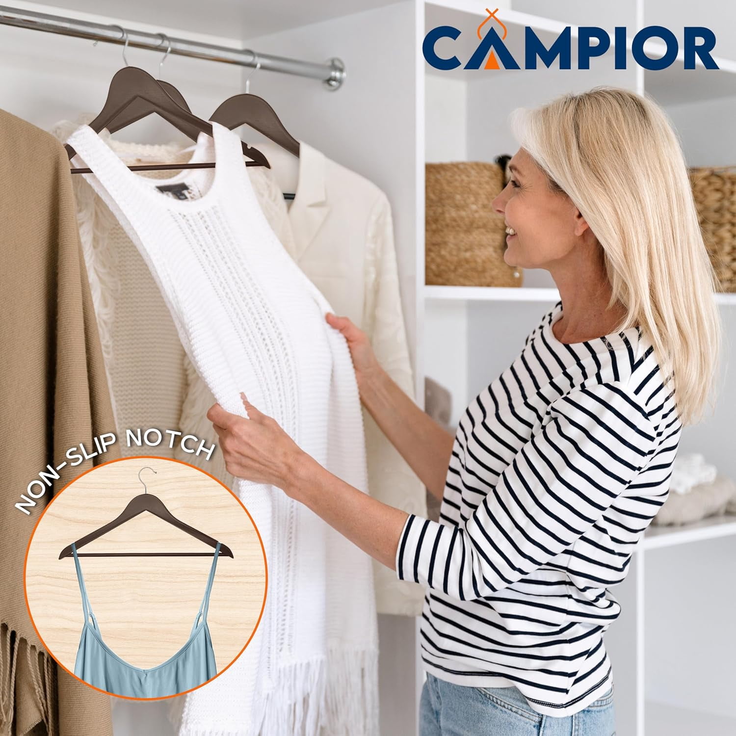 Brown Wooden Hangers 5 Pack – Heavy-Duty with 360° Swivel Hook, Non-Slip, Pants Bar & Shoulder Grooves - Wooden Hangers for Suits, Jackets, Dresses & Camisoles, Space-Saving and Smooth Finish