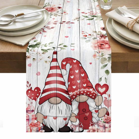 Pink Valentine's Day Table Runner - 70 Inch Long, Kitchen Dining Table Runner Dresser Scarves, Romance Roses Leaves Gnomes Wooden Farmhouse Decor for Coffee Tables Wedding Party Banquet