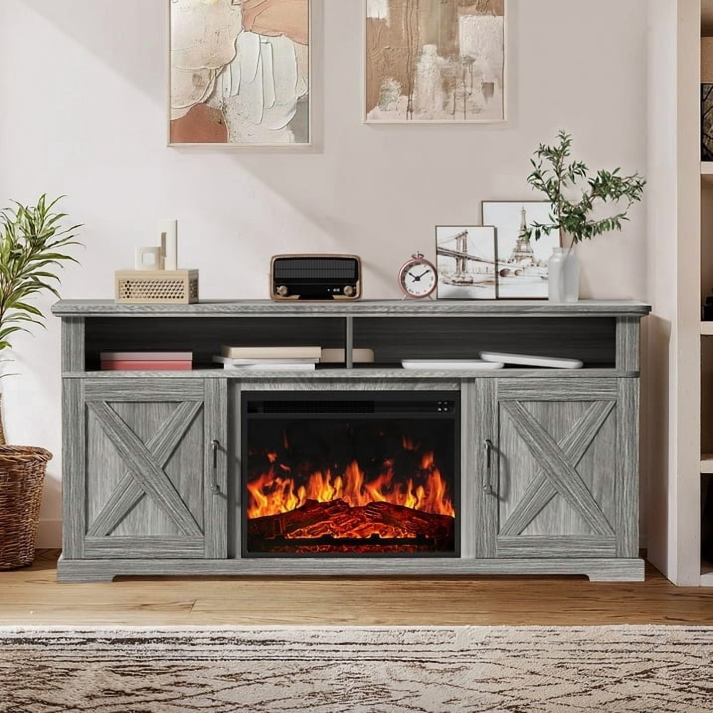 Electric Fireplace TV Stand for TVs up to 75", Farmhouse Entertainment Center with Fireplace, Grey
