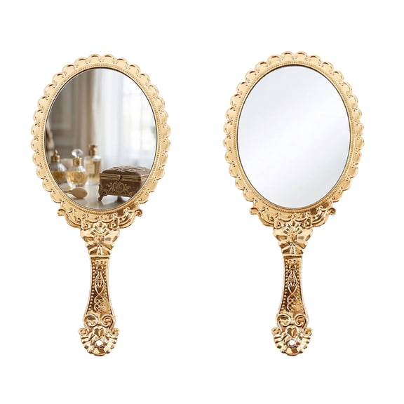2 Pack Vintage Handheld Mirror with Handle, Gold Embossed Flower Portable Hand Held Mirror for Women, Oval Travel Makeup Compact Mirror for Purse (9.8" x 4.5")