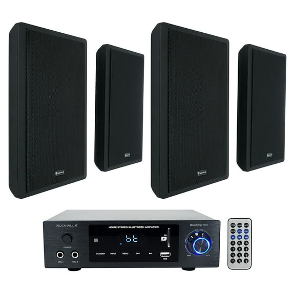 Rockville BLUAMP 150 Home Stereo Bluetooth Amplifier 4 Black Wall Mount Speakers