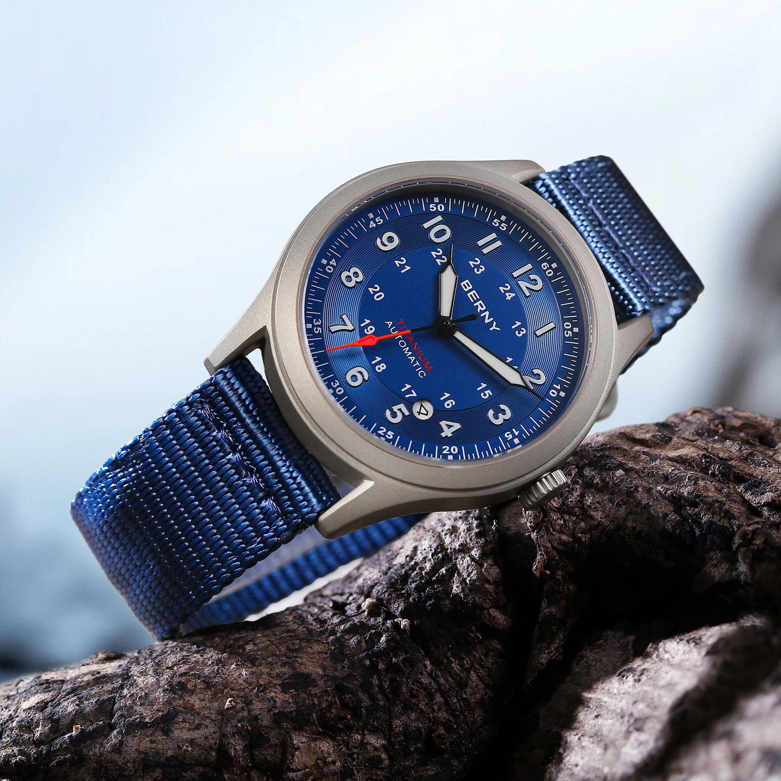 BERNY Automatic Watches for Men Military Sport Nylon Strap Titanium Field Watch with Date Sapphire Crystal Luminous Analog Mechanical Watch 100M Waterproof Army Tactical Casual Wristwatch (Blue)