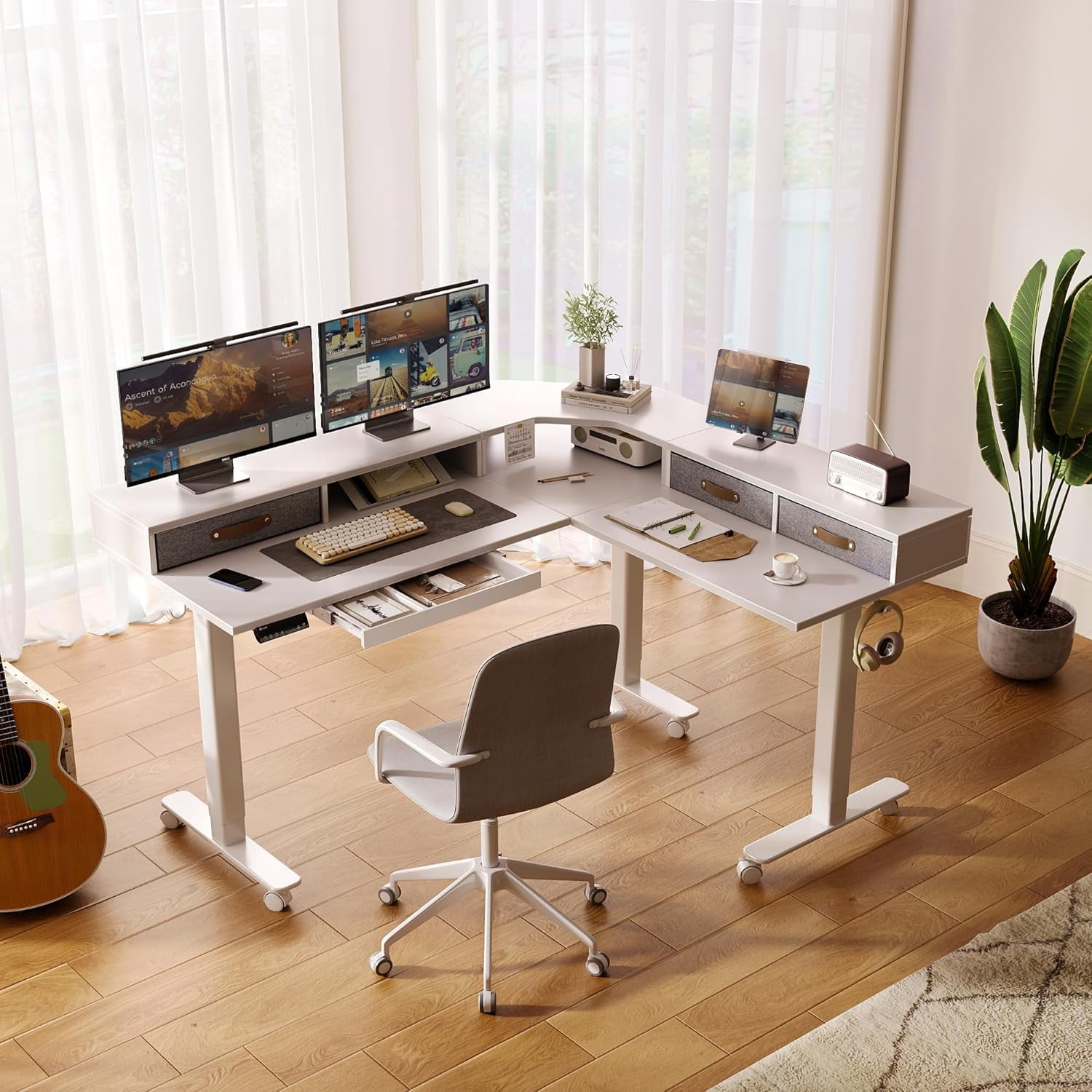 Claiks Dual Motor 63" L Shaped Standing Desk with Drawers, Electric Height Adjustable Standing Desk with Monitor Stand & Splice Board, White Frame/White Top