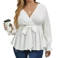 thumbnail image 1 of SCOMCHIC Female Plus Size Blouses Puff Sleeve Belted Wrap Peplum Tops Dressy Shirts L, 1 of 6