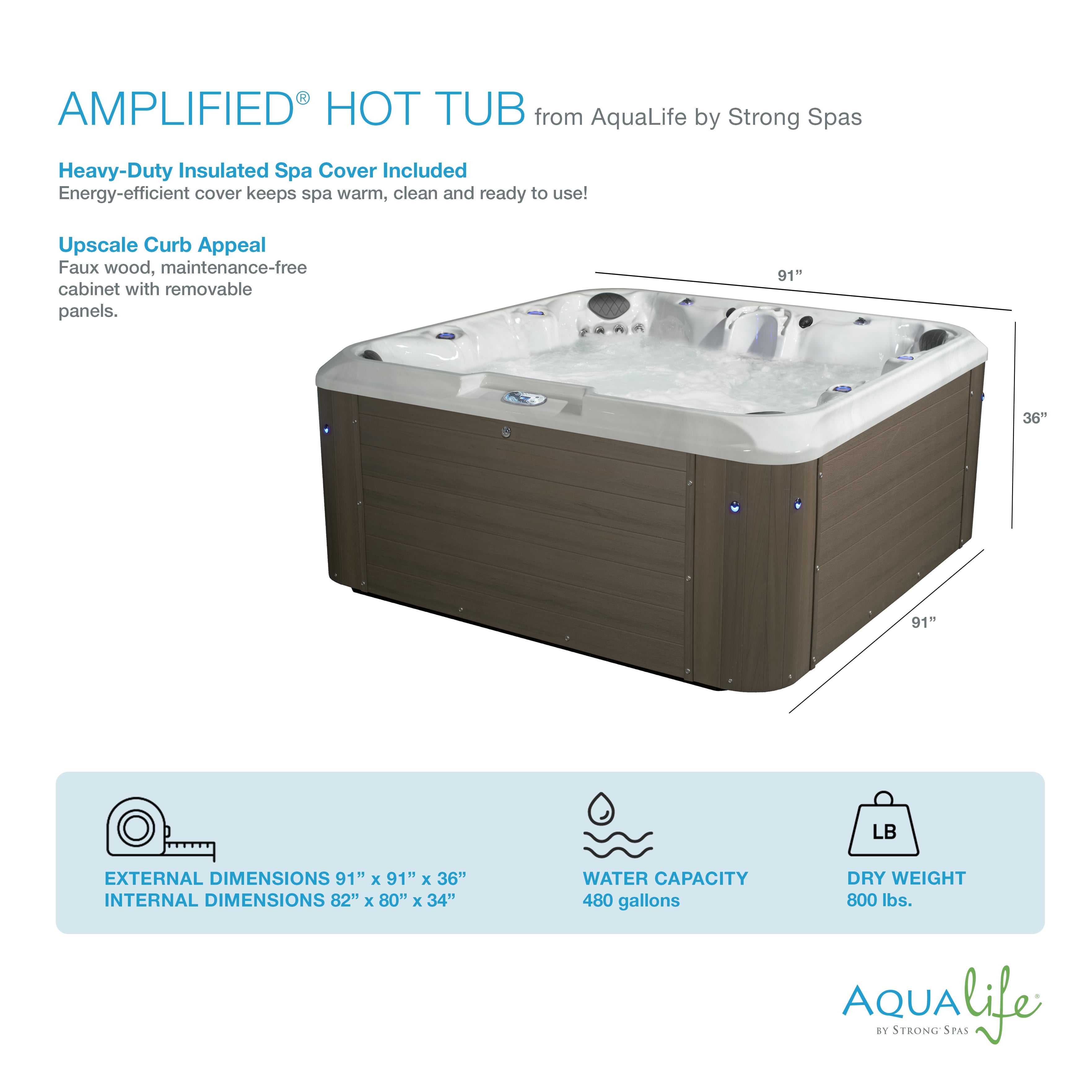 Amplified 100-Jets 7-Person Non-Lounger Spa w/Bluetooth Stereo, 3 Pumps by Aqualife by Strong Spas