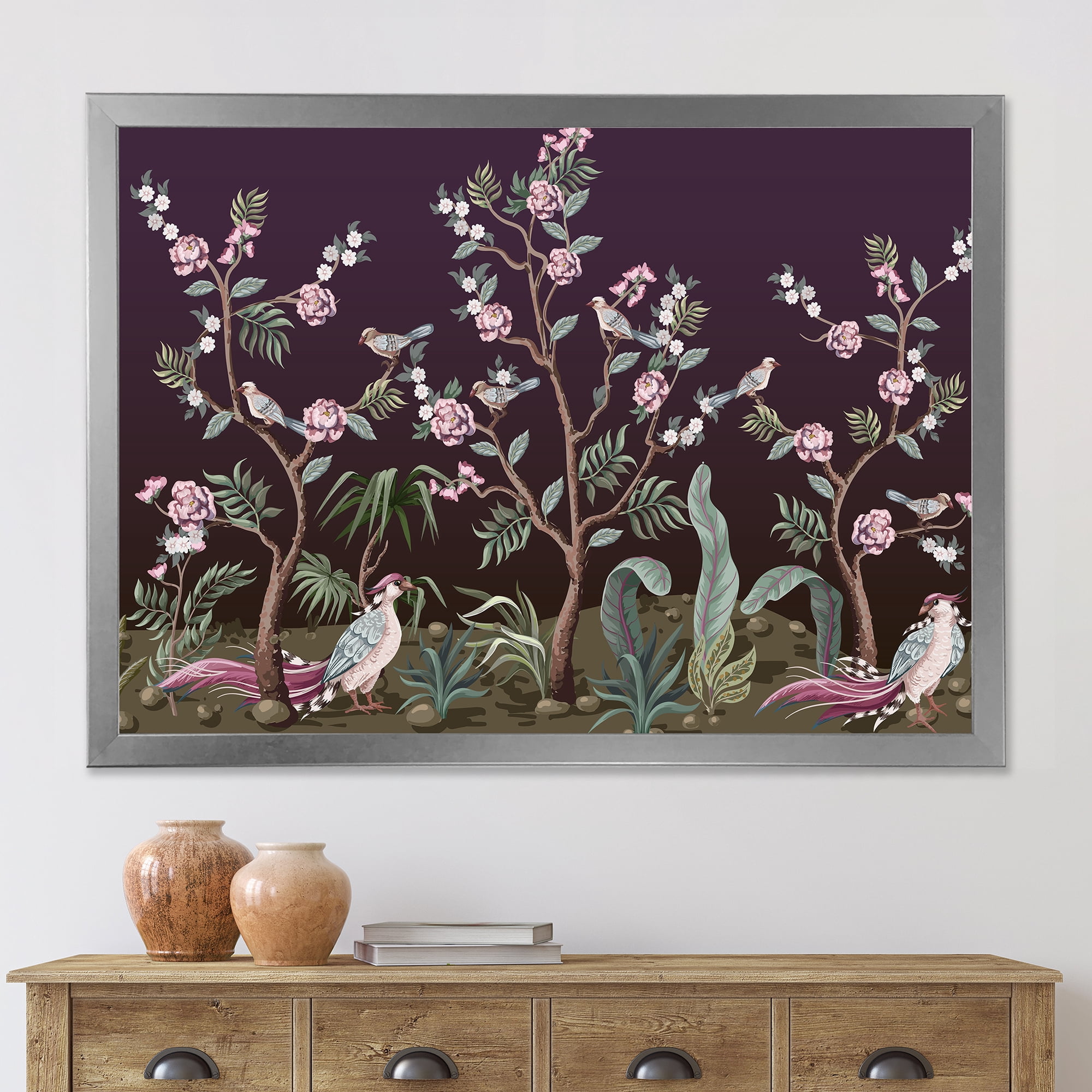 Designart 'Chinoiserie With Peonies and Birds I' Traditional Framed Art Print