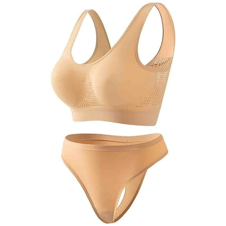 Virmaxy Womens Wirefree Sport Bras Briefs Set High Impact Workout Gym Activewear Set Workout Gathering Seamless Breathable Sports Underwear Panty Set Beige XL