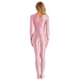 thumbnail image 4 of TiaoBug Womens Oil Shiny Bodystocking Long Sleeve Full Body Jumpsuit Gymnastic Workout Leotard Bodysuit Pink XL, 4 of 5