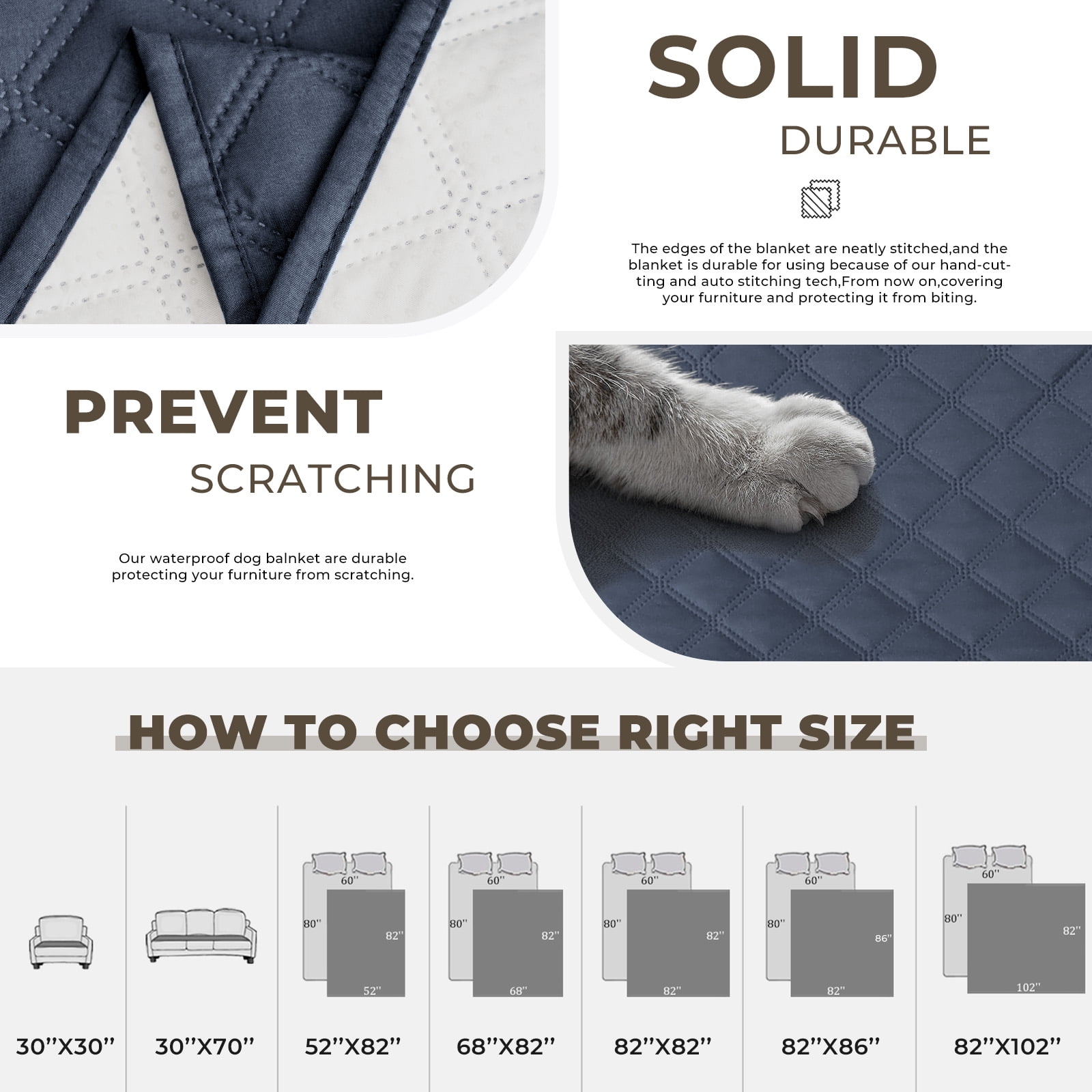 Sanmadrola 100% Double-Sided Waterproof Dog Bed Cover Pet Blanket Sofa Couch Furniture Protector for Kids Children Dog Cat, 52''x82'' Blue Gray