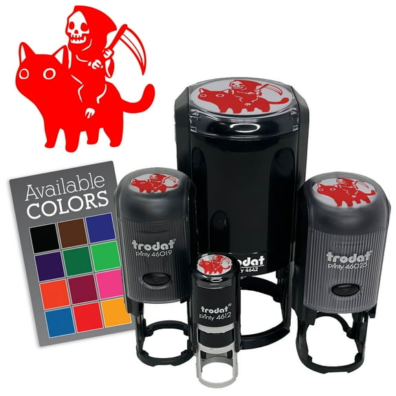 Gleeful Grim Reaper Death Riding On Black Cat Self-Inking Rubber Stamp Ink Stamper for Stamping Crafting Planners - Black Ink - Mini 1/2 Inch