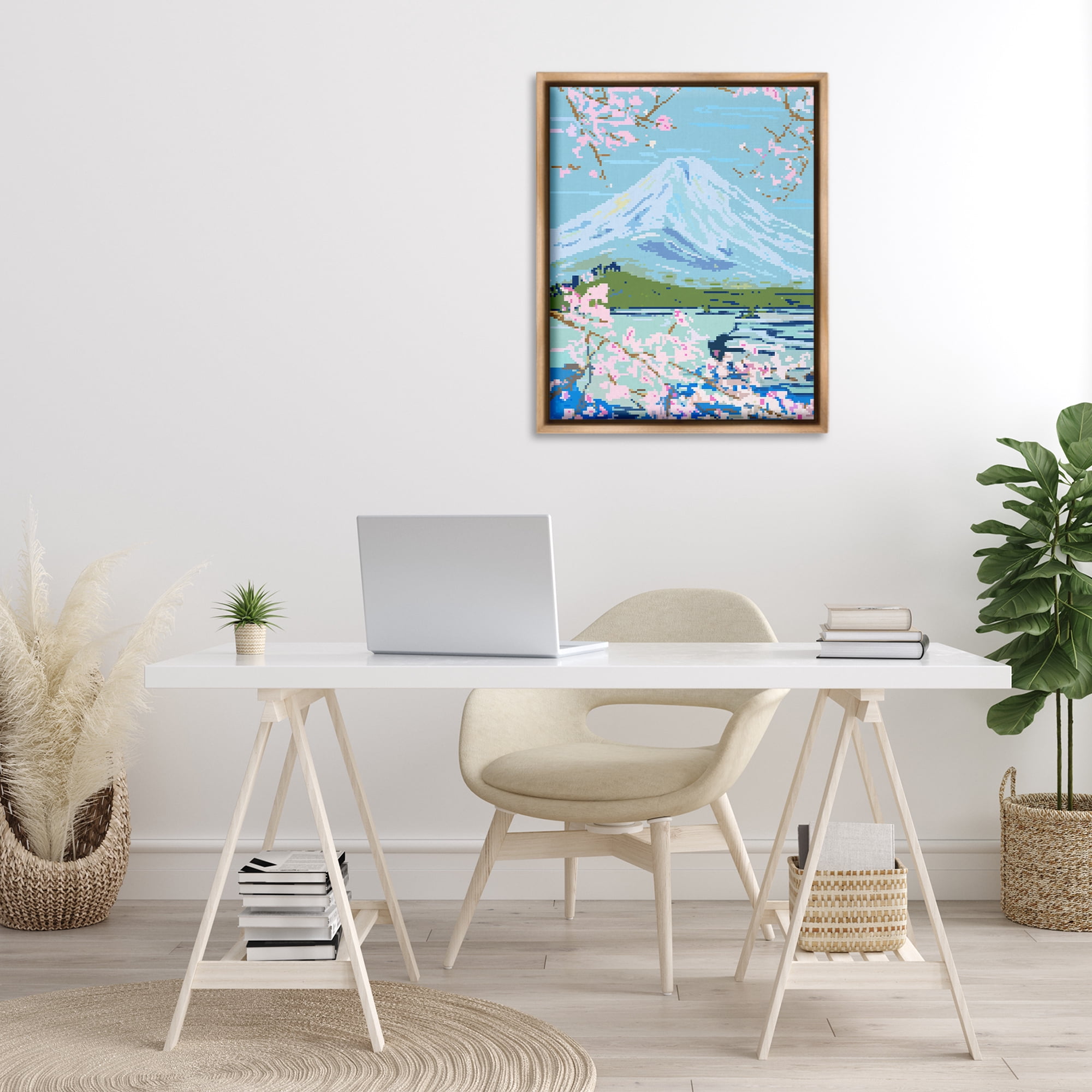 Stupell Industries Pixel Mount Fuji Landscape Painting Brown Floater Framed Art Print Wall Art, 25 x 31
