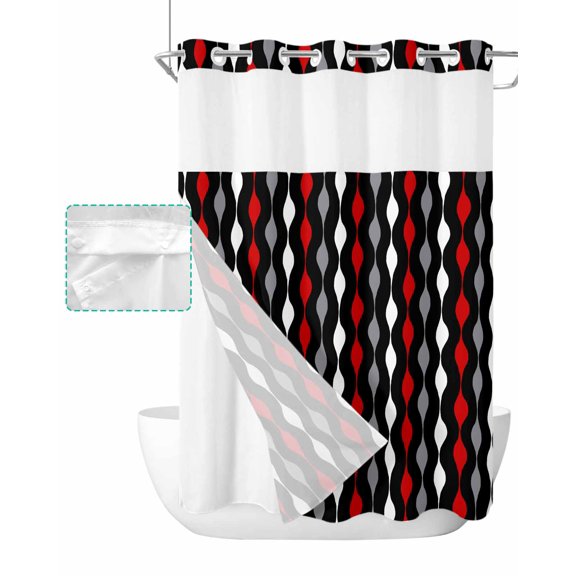 No Hook Shower Curtain with Snap in Liner, Red Grey Black and White Geometric Striped Hotel Shower Curtains for Bathroom, Washable Shower Curtain Liner Set with Mesh Top Window, 48"x72"