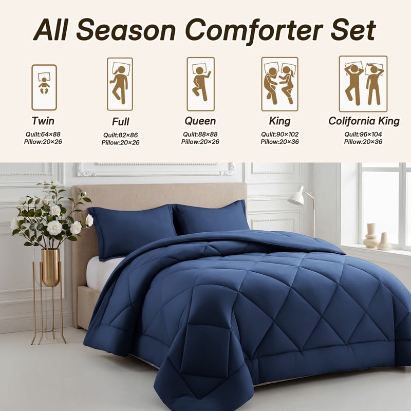 3 Pieces Twin Size Comforter Set, All Season Lightweight Breathable Bedding Set with 1 Down Alternative Comforter and 2 Pillowcases, Navy