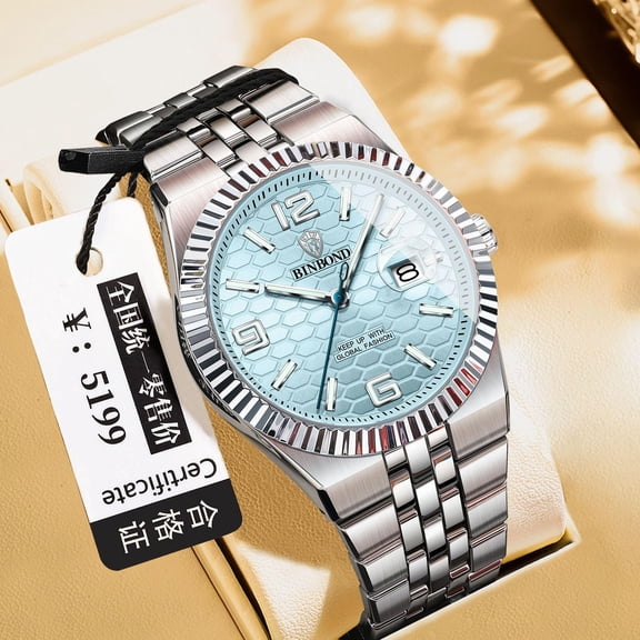 Explojoy Men's Stainless Steel Waterproof Watch with Luminous Hands and Date Display