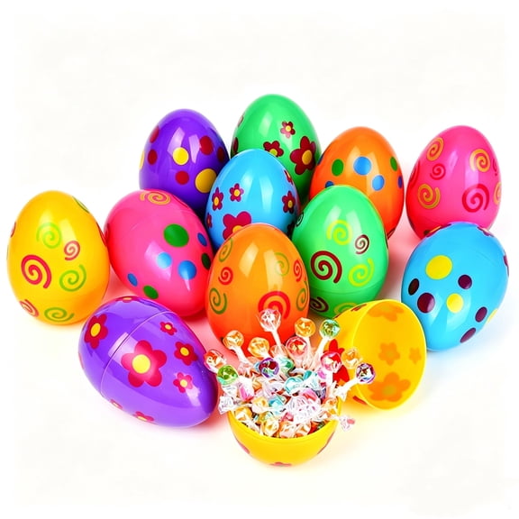 12 Pcs 6 Inches Fillable Plastic Easter Eggs, Printed Colorful Eggs for Easter Hunt, Classroom Prize & Home Decor