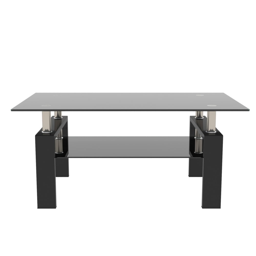 38.6" Rectangle Glass Coffee Table, Clear 2-Tier Center Table with Matt Black Iron Frame, Modern Side Table for Living Room, Office, Apartment, 220 lbs Capacity