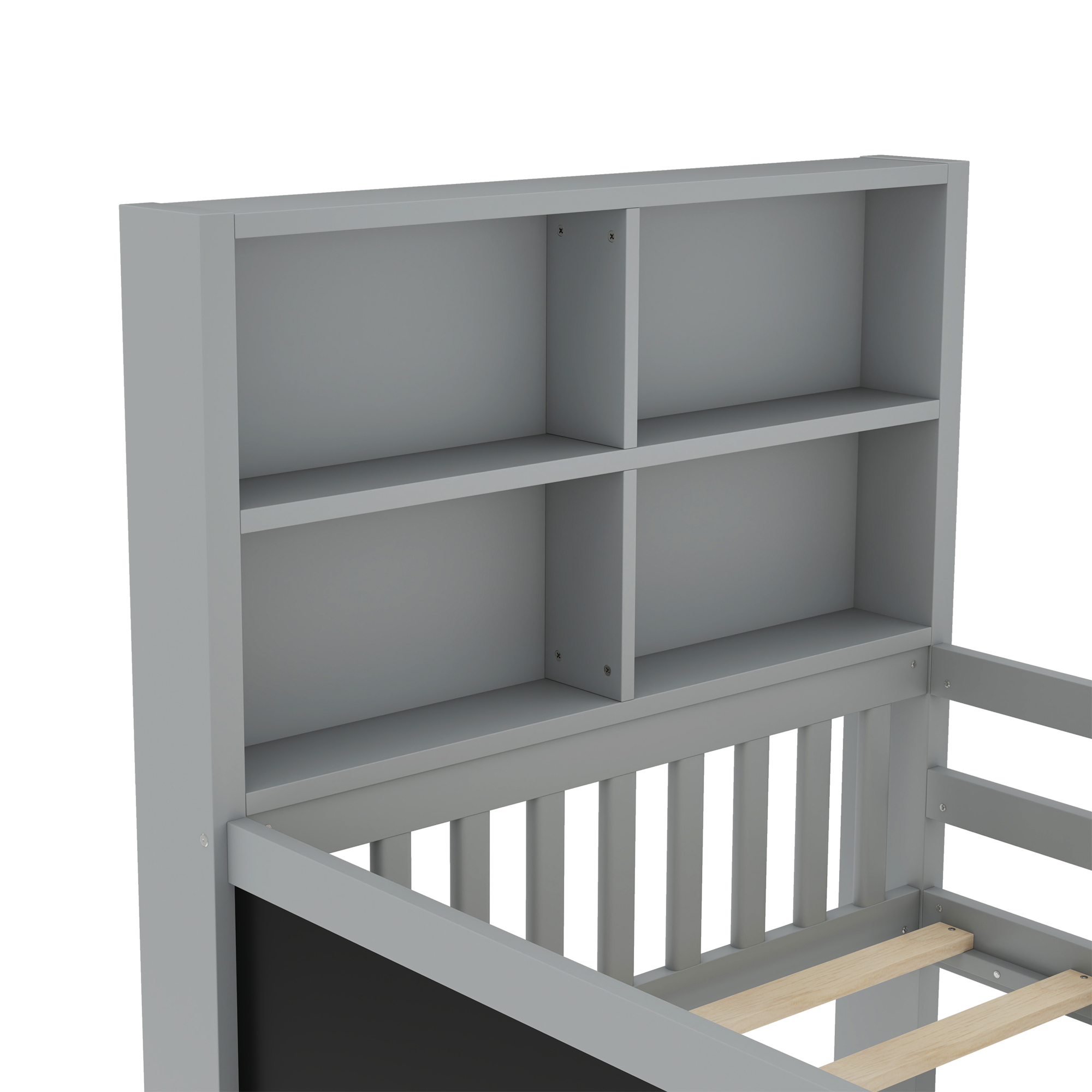 Yoneston Kids Twin Platform Bed with Storage Headboard and Chalkboard, Wood Platform Storage Bed with 2 Drawers & 4 Shelves for Boys Girls, Gray