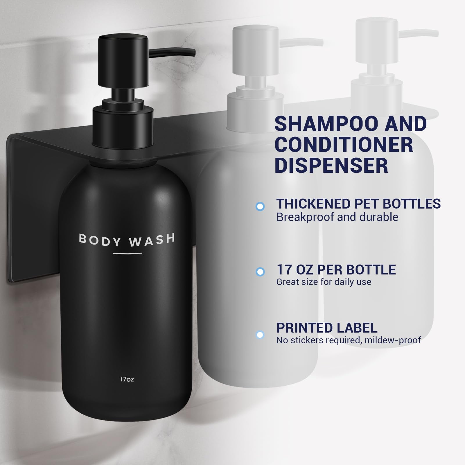 Shampoo and Conditioner Dispenser - Shower Soap Dispenser Wall Mounted - 17 fl oz Set of 3 Black Plastic Bottles Black Pump - Shampoo Dispenser, Shower Dispenser