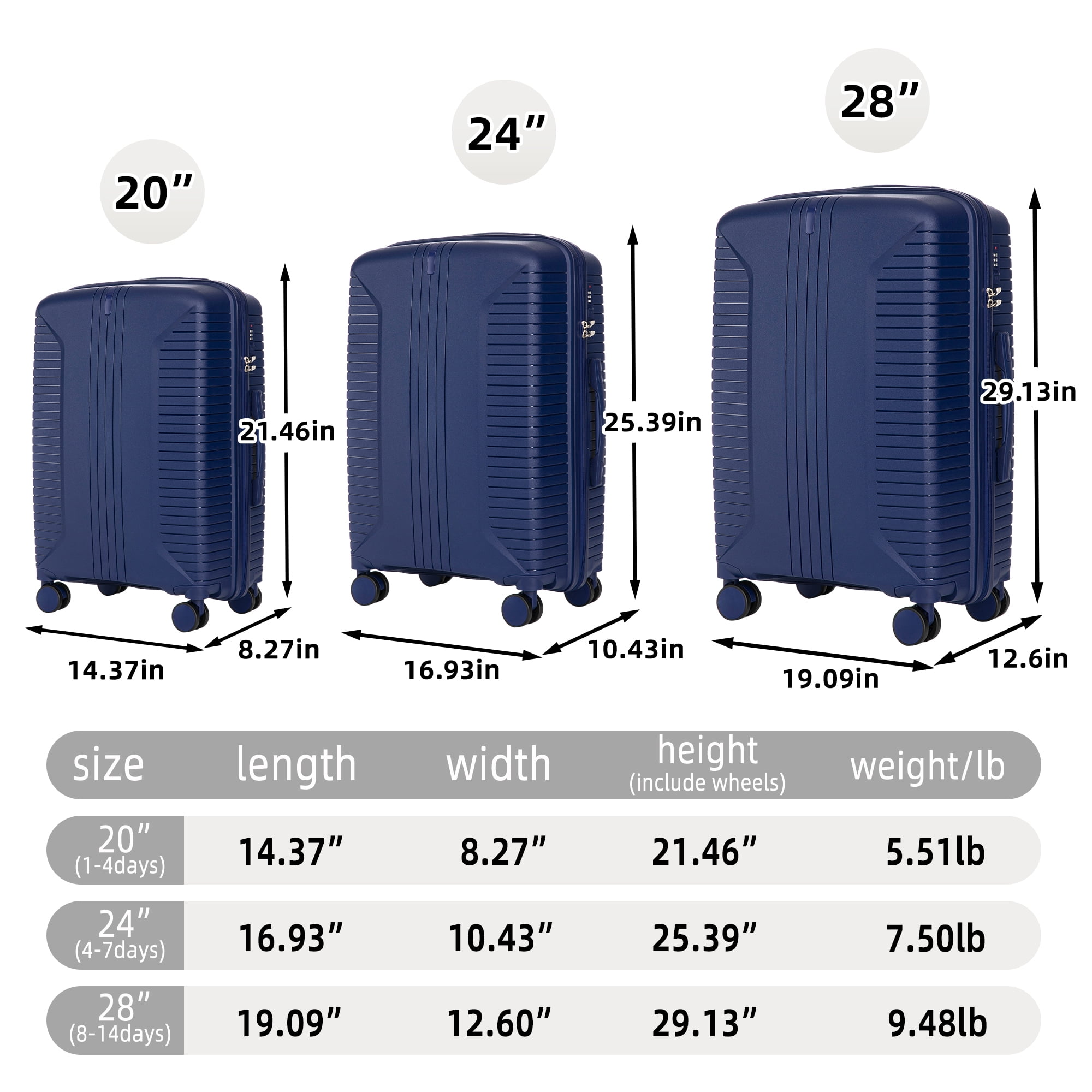 3 Piece Rolling Luggage Set Carry on Luggage Spinner Wheel Lightweight Suitcase with TSA Lock 20in24in28in