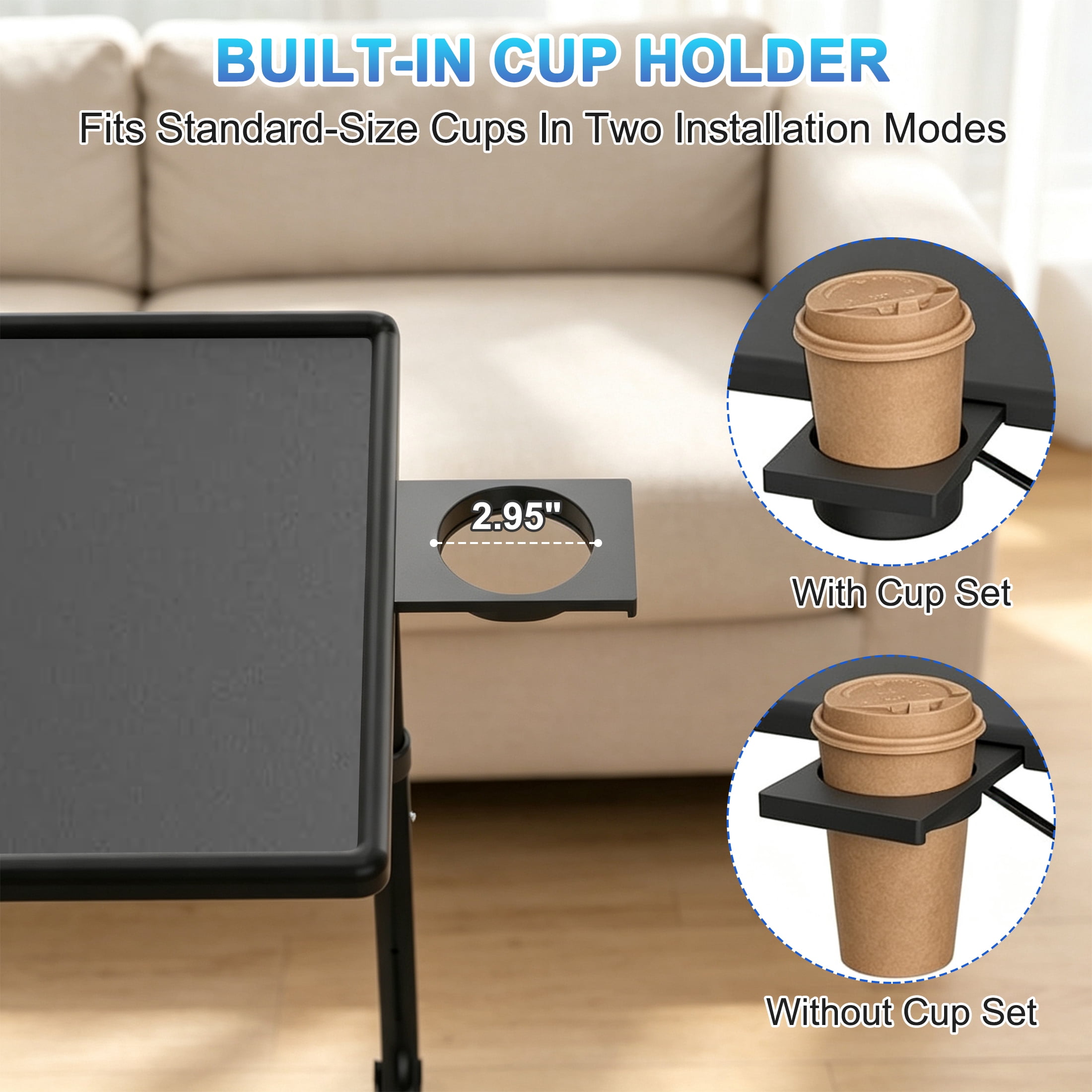 Adjustable TV Tray Table with 6 Height & 3 Tilt Angle, Folding TV Dinner Tray, TV Table with Cup Holder on Bed & Sofa, Portable C-Shaped Side Dinner Tray Table