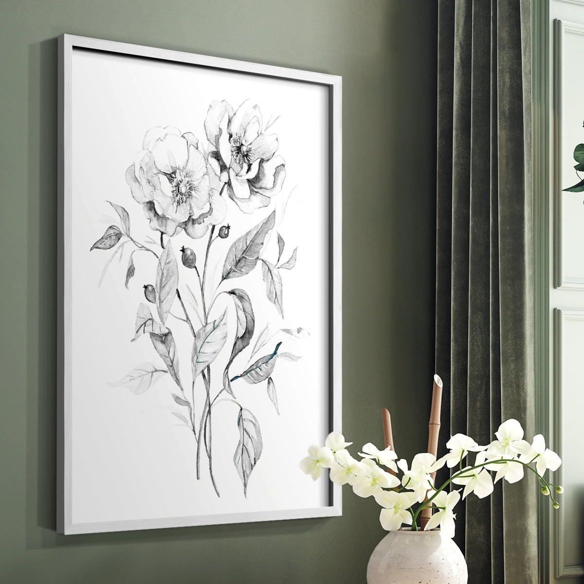 Wild Roses Sketch Framed Print in White Solid Wood 11 x 14 Framed Print