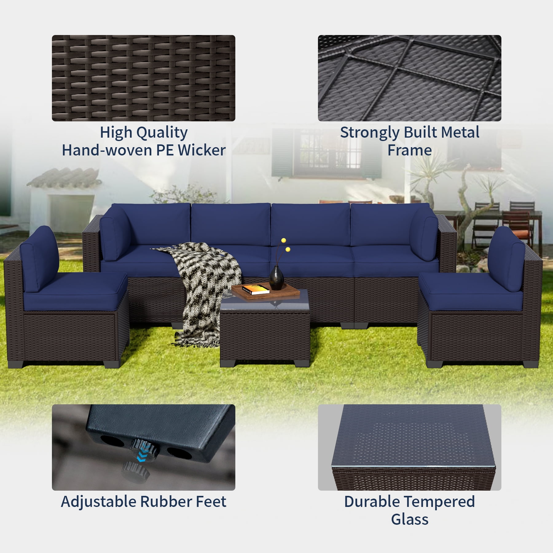 YLGJ&TIDY 7-Piece Outdoor Patio Set, All-Weather Rattan Sofa with Waterproof Cushions and Glass Table for Garden, Poolside, Navy Blue