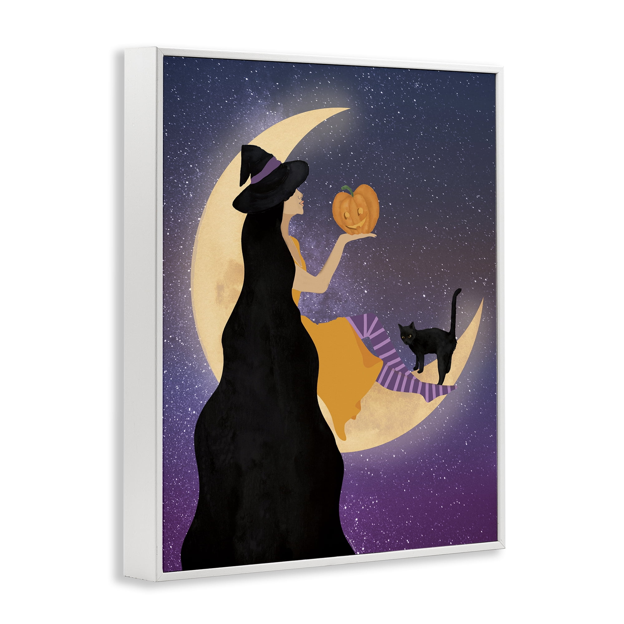 Stupell Industries Moonlit Witch Holding Jack-o-Lantern White Framed Giclee Art, design by Daniela Santiago