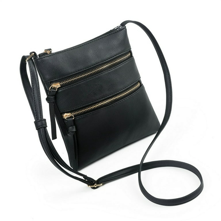 Ladies Triple Section Handbag - Real Leather A-cross Body Bag With 8  Pockets - Single Adjustable Shoulder Strap - Hand Bags-black