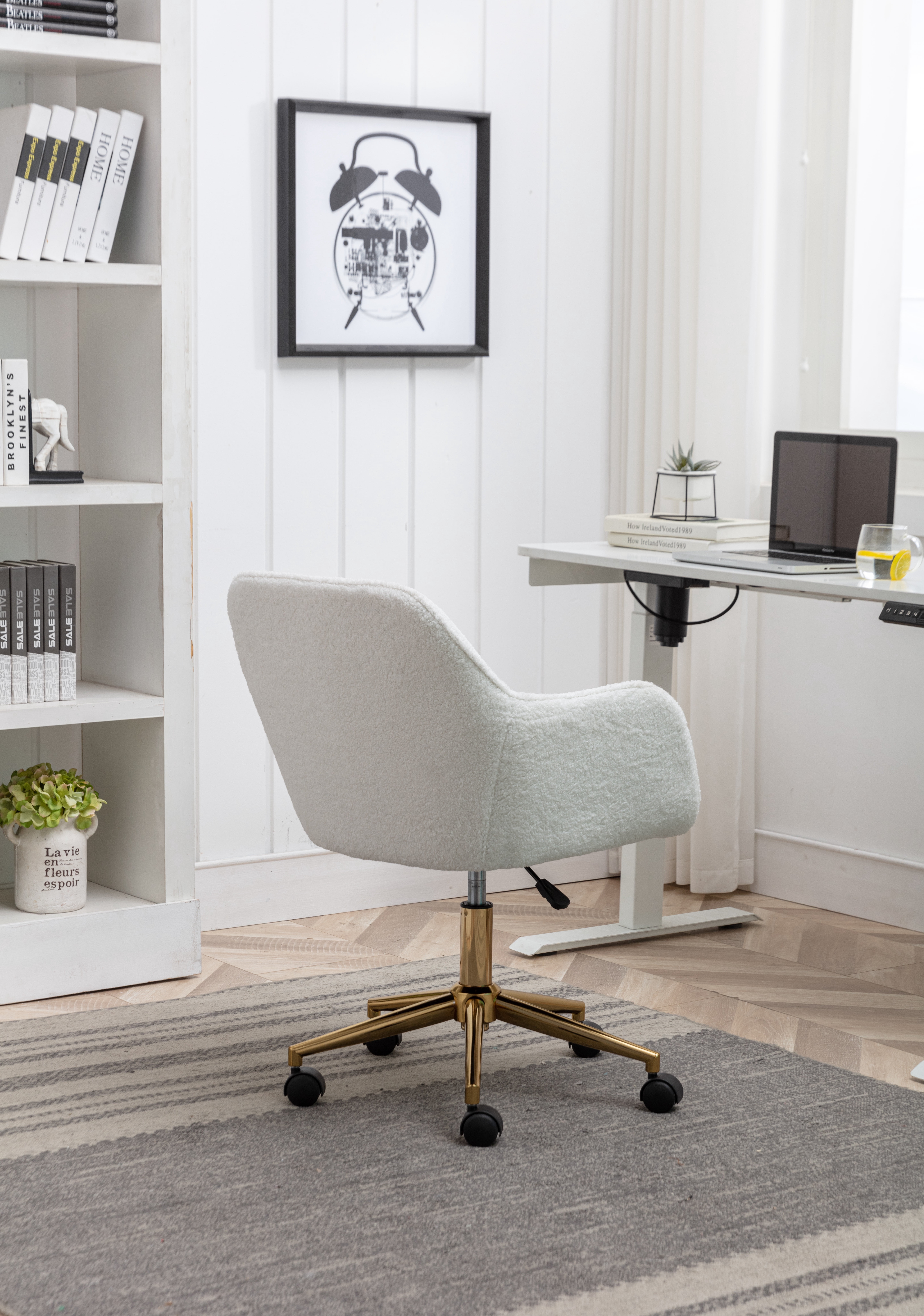 Adjustable Height 360 Revolving Home Office Chair With Gold Metal Legs And Universal Wheel For Indoor, White