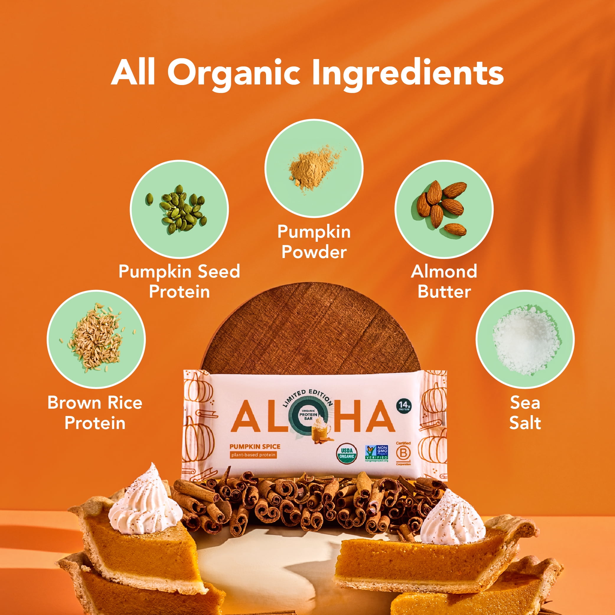 ALOHA, Plant Based Protein Bars, Pumpkin Spice, Vegan, Gluten Free