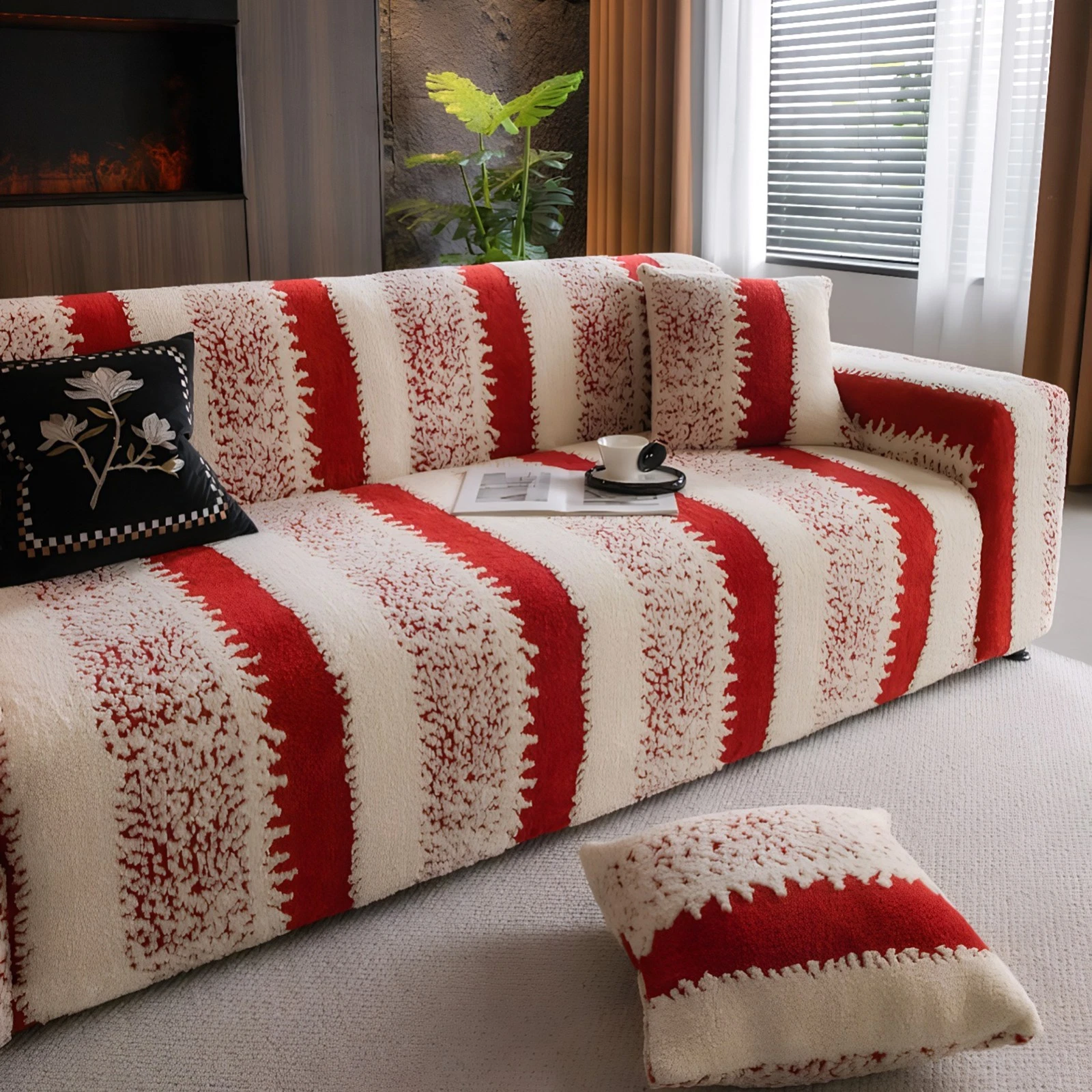TOPCHANCES Stretch Stripe Sofa Covers, Soft Cotton Blend Velvet Fabric Armchair Loveseat Sofa Slipcover, Non-slip Couch Protector Settee Cover, Friendly to Pets (3-Seater Sofa Cover, Stripe Red)