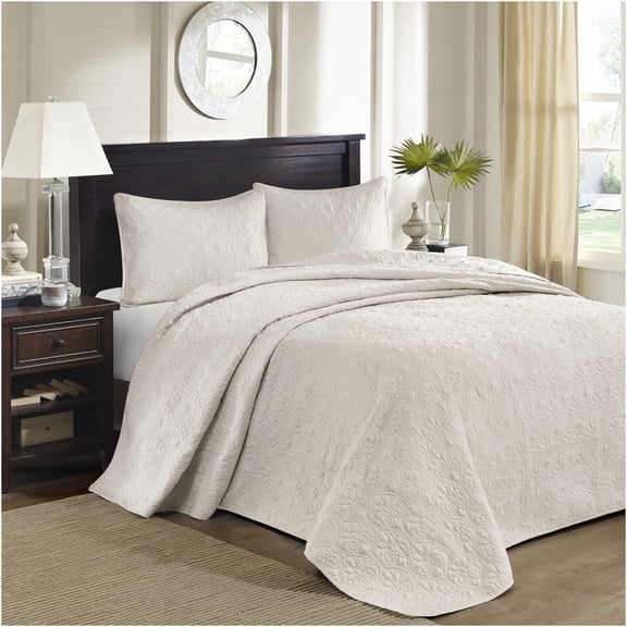 JERFIT Reversible King Size Bedspread Set with Shams, Oversized 120x118 Inch, Cream Cotton Blend Quilted Coverlet, Antimicrobial, Machine Washable