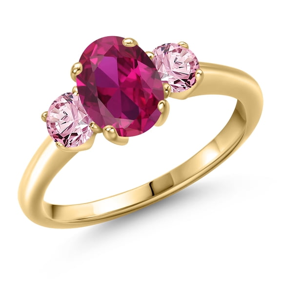 Gem Stone King 10K Yellow Gold Red Created Ruby and Pink Lab Grown Diamond Engagement Ring for Women | 1.85 Cttw | Oval 8X6MM | Gemstone July Birthstone | Size 6